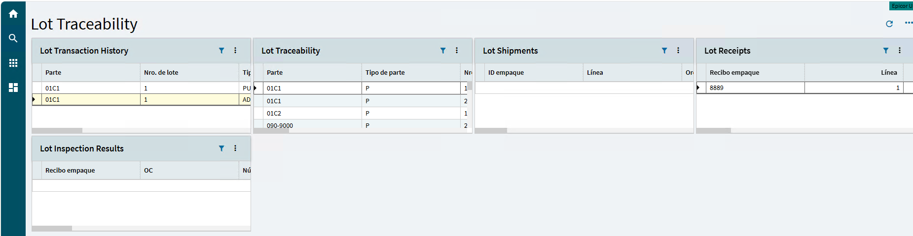 Workbench de trazabilidad de lote de Epicor Kinetic con historial de transacciones, genealogía del lote, embarques, recibos y resultados de inspección